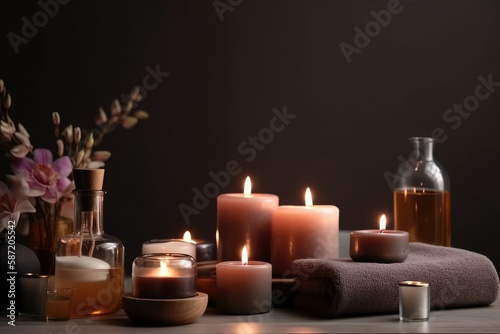 Candles in the spa with copy space. Generative AI.
