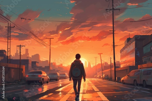 A person walking on the street at sunset. Generative AI. © Arc