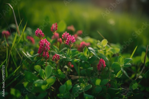 Wildflowers Red Clovers Background. Generative AI photo