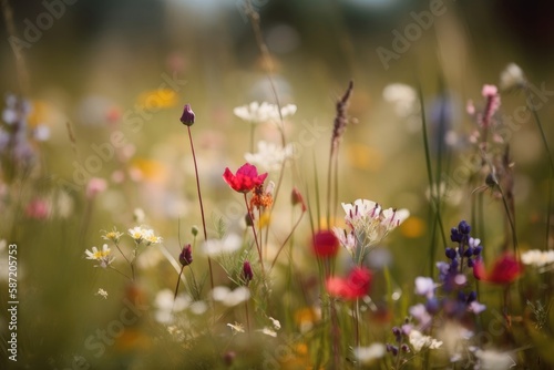 Wildflowers, Selective Focus Background. Generative AI