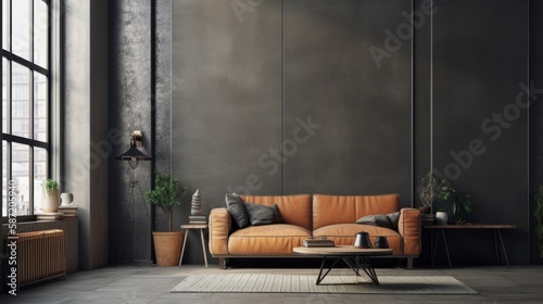 Stylish Interior Design Background. Industrial Living Room. Generative AI. photo