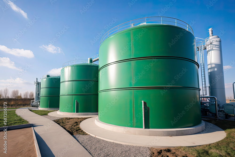Obraz premium Green Hydrogen renewable energy production facility - green hydrogen gas for clean electricity solar and windturbine facility