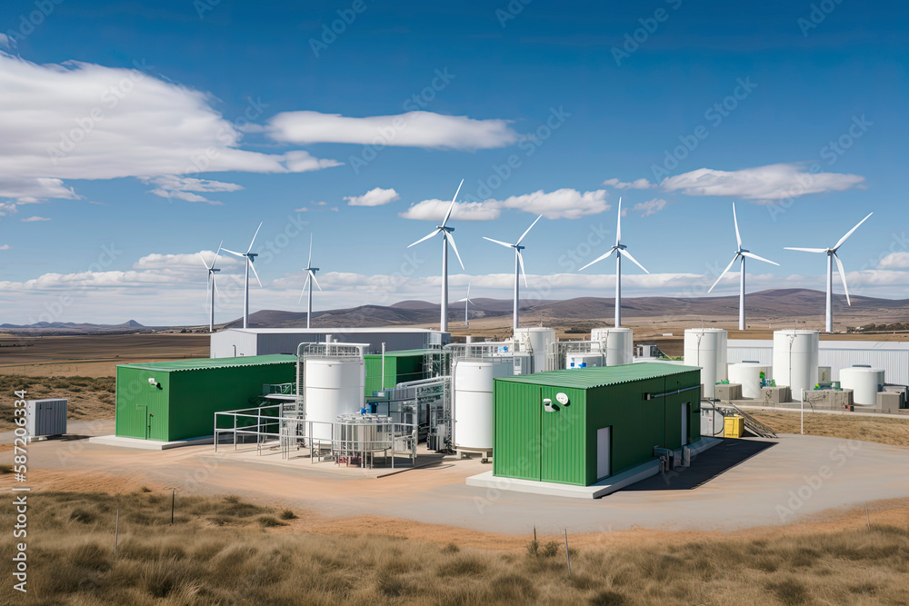 Green Hydrogen renewable energy production facility - green hydrogen gas for clean electricity solar and windturbine facility - obrazy, fototapety, plakaty 