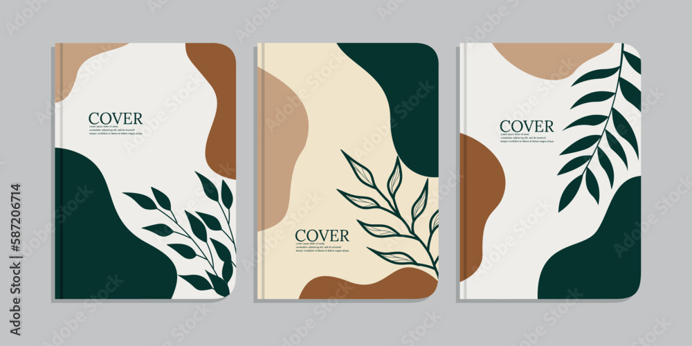set of book cover designs with hand drawn foliage decorations. abstract retro botanical background. size A4 For notebooks, diaries, planners, brochures, books, catalogs