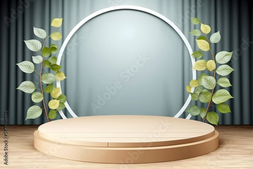 Beautiful empty podium mock-up for product display with pink color and plants decoration on green background. Generative AI illustration