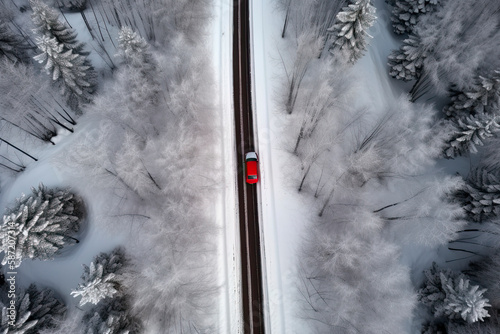 Red car driving on black asphalt road leading through snowcapped winter forest. Aerial view.Generative AI © rufous