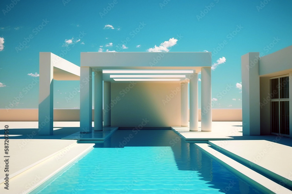 Swimming pool with contemporary architecture on sunny day. Genera