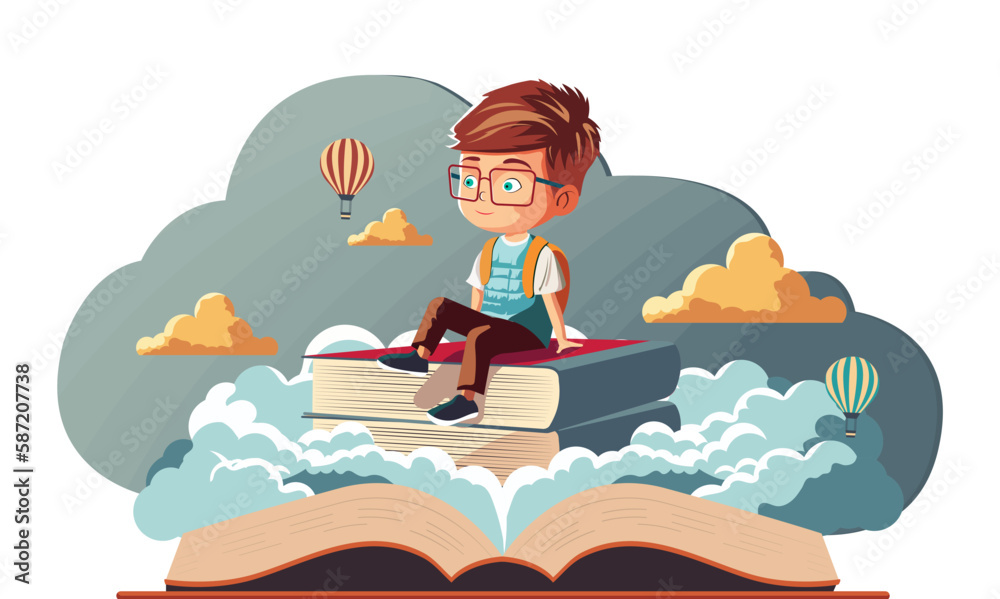 Naklejka premium Student Boy Character Sitting On Book Stack With Hot Air Balloons On Clouds Background.