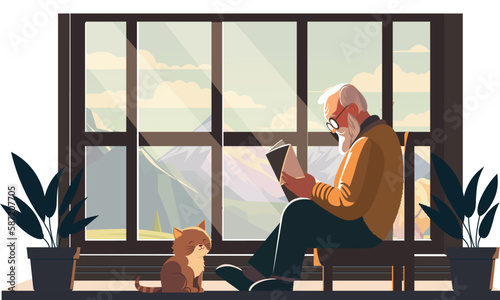 Elderly Man Character Reading A Book On Chair With Adorable Cat, Plant Vase On Mountain Landscape Through Window Background.