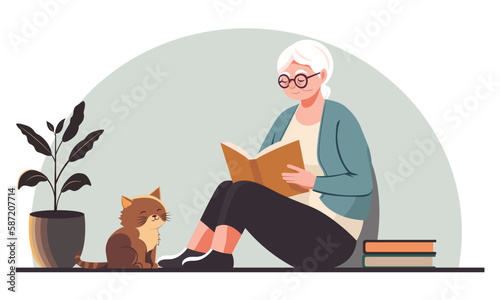 Elderly Woman Character Reading A Book With Cute Cat Sitting, Plant Vase On White And Pastel Gray Background.