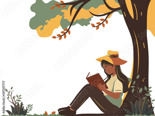 Fashionable Young Girl Character Reading A Book With Wear Fedora Hat Under The Tree On White Background.