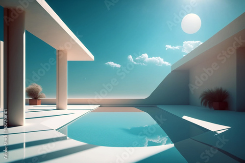 Relaxing swimming pool with contemporary architecture on sunny day. Genera © ardanz