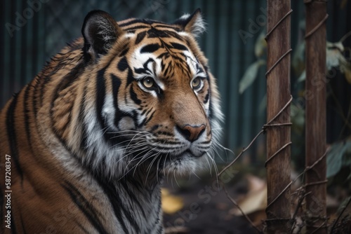 Big cat tiger kept in a cage in the zoo. Generative AI