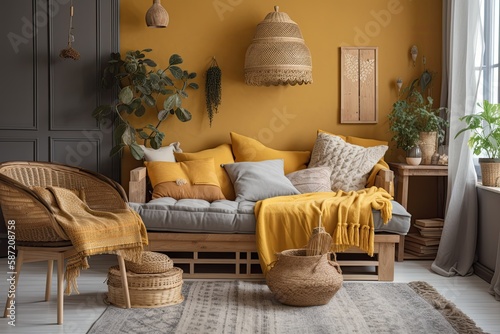 Boho chic living room with gray couch, rattan basket, mock up paintings, and lovely accessories. Honey yellow cushion and plaid. Cozy flat. Décor. Generative AI