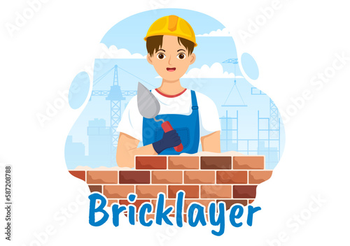 Bricklayer Worker Illustration with People Construction and Laying Bricks for Building a Wall in Flat Cartoon Hand Drawn Landing Page Templates