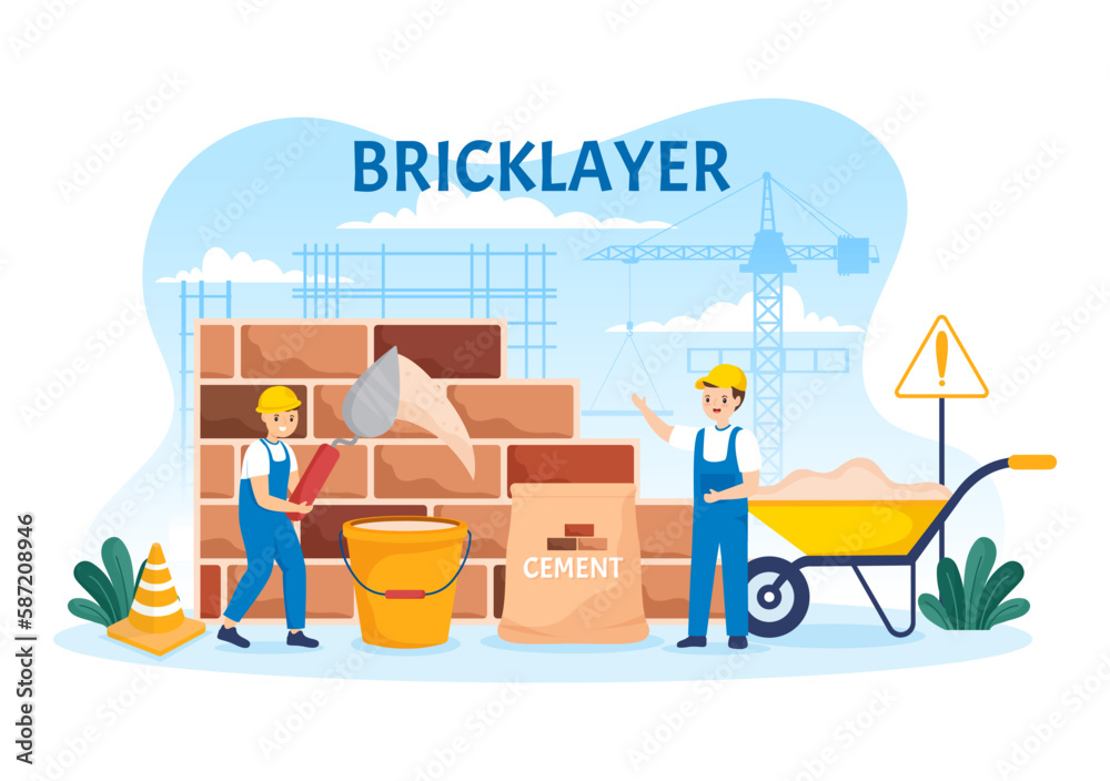 Fototapeta premium Bricklayer Worker Illustration with People Construction and Laying Bricks for Building a Wall in Flat Cartoon Hand Drawn Landing Page Templates