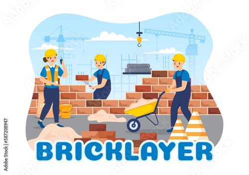 Bricklayer Worker Illustration with People Construction and Laying Bricks for Building a Wall in Flat Cartoon Hand Drawn Landing Page Templates