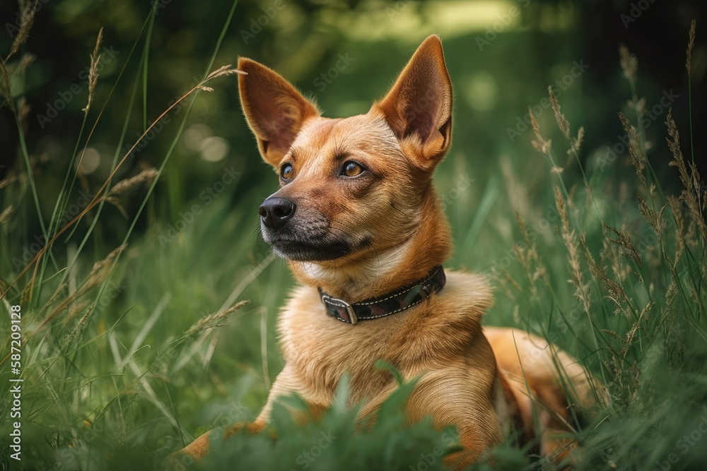 Young lively dog outside on a background of lush summer grass. Generative AI Young lively dog outside on a background of lush summer grass. Generative AI