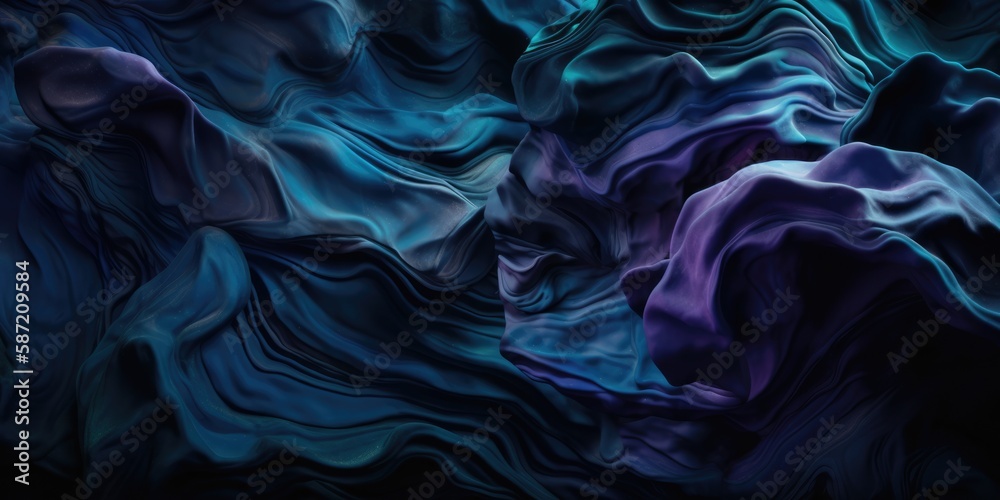 Obraz premium Abstract smooth waves and curves with metallic sheen of deep dark blue and amethyst purple colors, folding backdrop with a shallow depth of field bokeh blur - generative AI