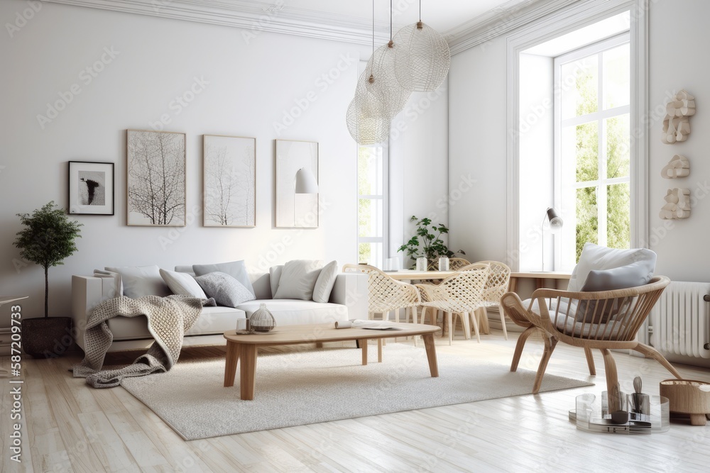Fototapeta premium cozy living room with natural light pouring in through a large window. Generative AI