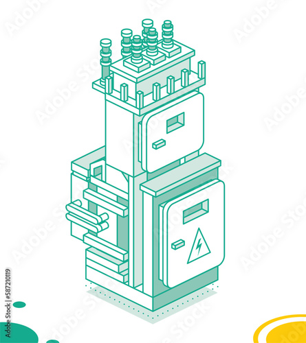 Isometric Electric Transformer. Outline Energy Concept. High Voltage Power Station Isolated on White.
