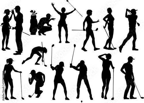 A set of golfer sports people playing golf in various poses