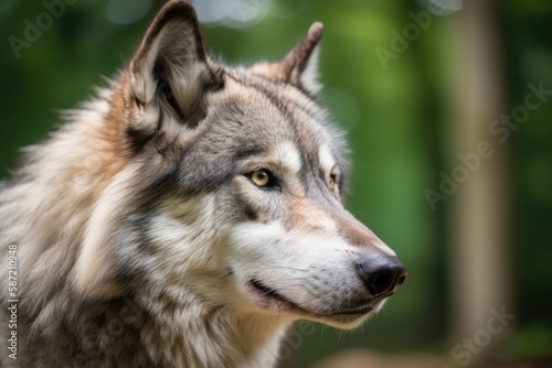 Beautiful wolf portrait taken in a zoo setting. Generative AI