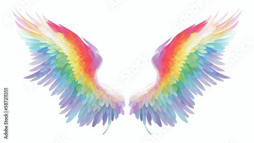 Rainbow Angelic Wings Watercolor Illustration   AI Generated © Cetaceans Studio