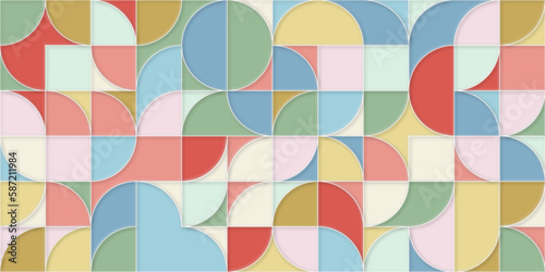 Wallpaper Mural Geometric pattern. Circles, squares seamless tile. Modernist abstract background. Bauhaus Design style. Pastel colours - pink, red, blue, green, yellow, cream, mustard. Torontodigital.ca