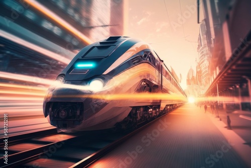 High speed train in motion blur with motion blur background. Digital composite. Generative AI