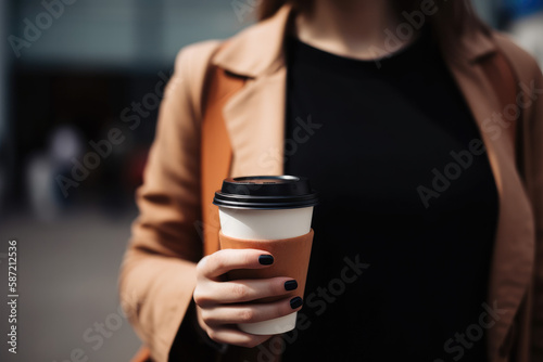 Woman holding coffee to go, generative ai