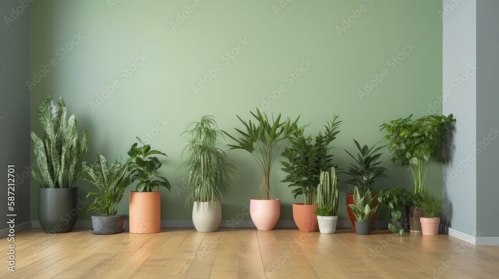 Fototapeta premium Potted plants decorate the empty living room. Generative AI
