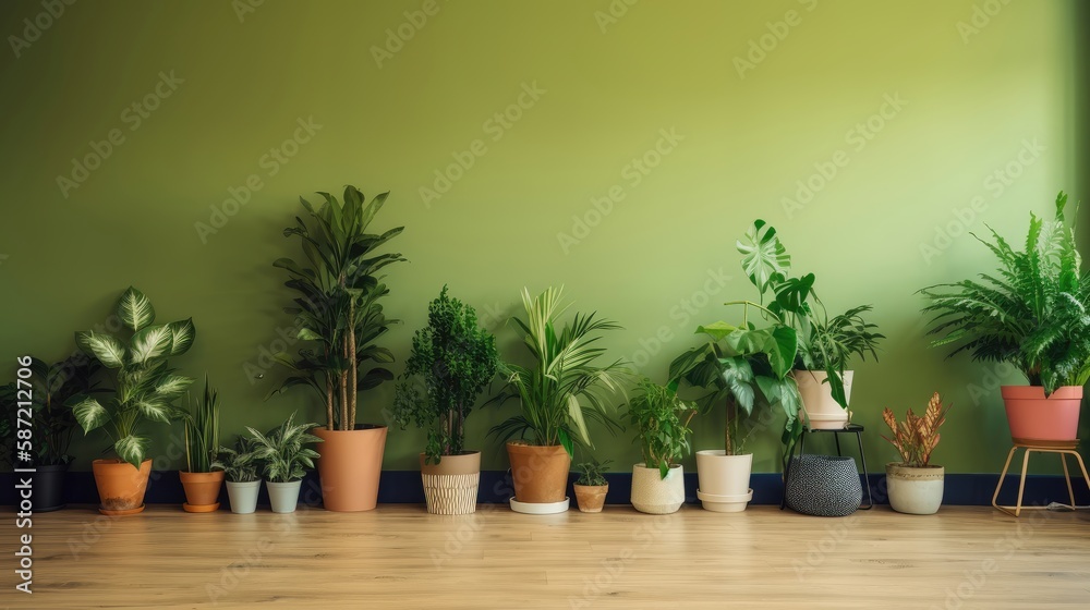 Potted plants decorate the empty living room. Generative AI