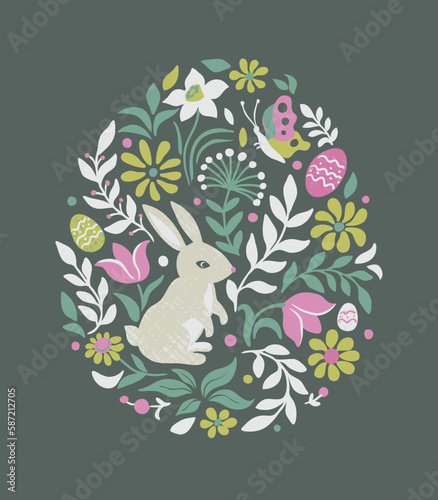 Easter rabbit spring greeting card. Floral green background. Vector illustration © olgdesigner