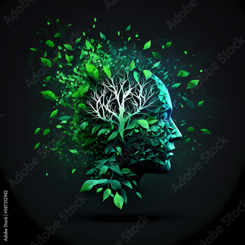 Ecology Green Leaves Head Concept. Generative AI photo