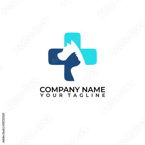 Dog and cat in the medical cross vector icon. Veterinary clinic vector logo design with isolated background.