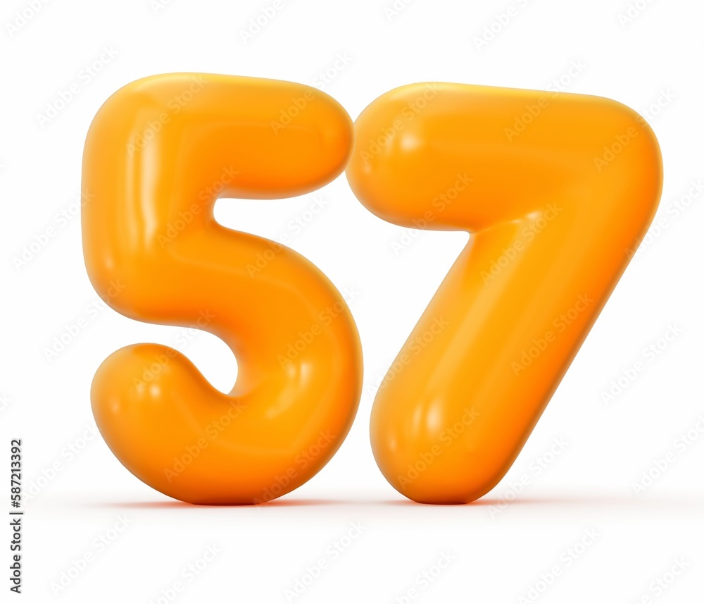 3d rendering of a glossy orange jelly number 57 isolated on white background 3d rendering of a glossy orange jelly number 57 isolated on white background