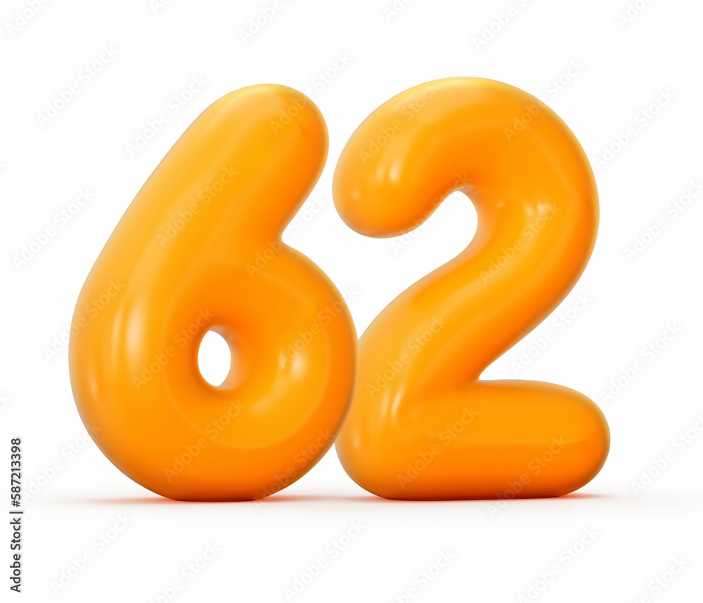 3D rendering of glossy orange jelly number 62 isolated on white background 3D rendering of glossy orange jelly number 62 isolated on white background