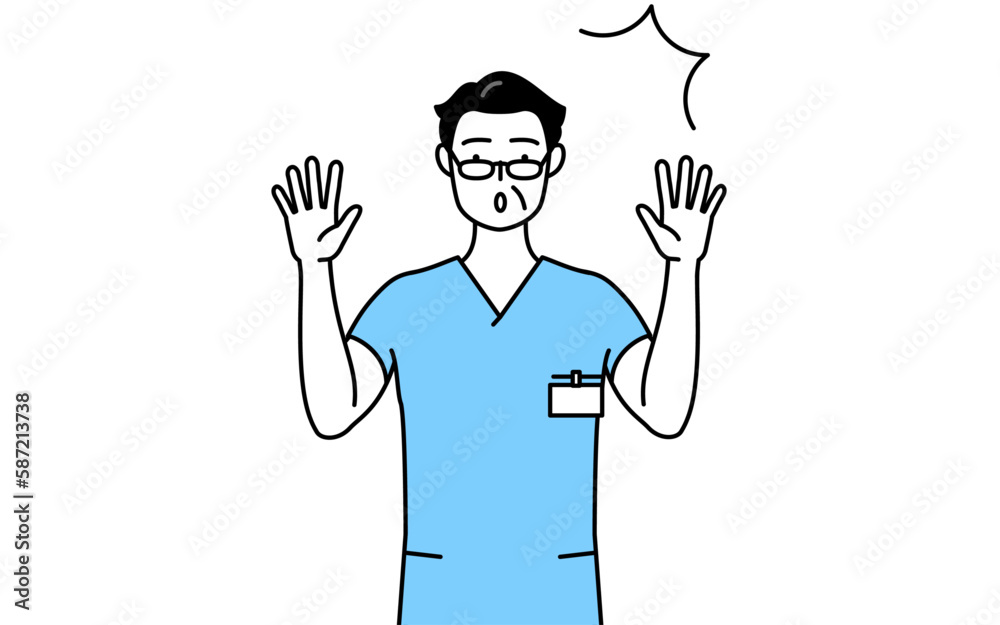 驚いて手を上げる中年・シニア男性看護師、理学療法士、作業療法士、言語聴覚士、看護助手