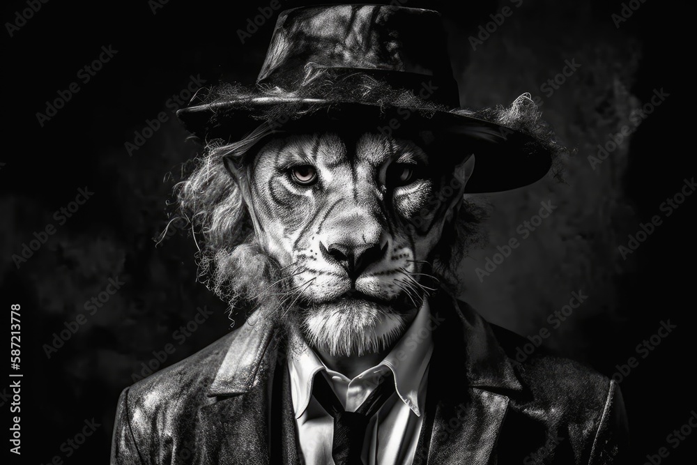 Man in the shape of a Lion Mammal, Peaky Blinders, The Lion Person, and an animal face with black and white fur. Generative AI Man in the shape of a Lion Mammal, Peaky Blinders, The Lion Person, and an animal face with black and white fur. Generative AI