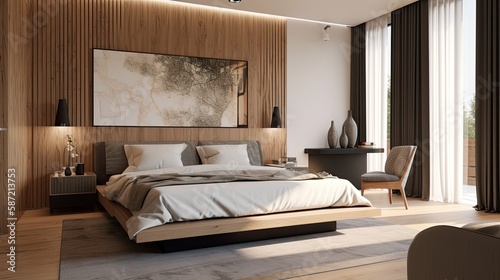 Modern bedroom interior with cement wall, minimalist style, Generative AI © Wevan Graphic