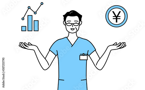 DXのイメージ、業績と売上の向上を案内する中年・シニア男性看護師、理学療法士、作業療法士、言語聴覚士、看護助手