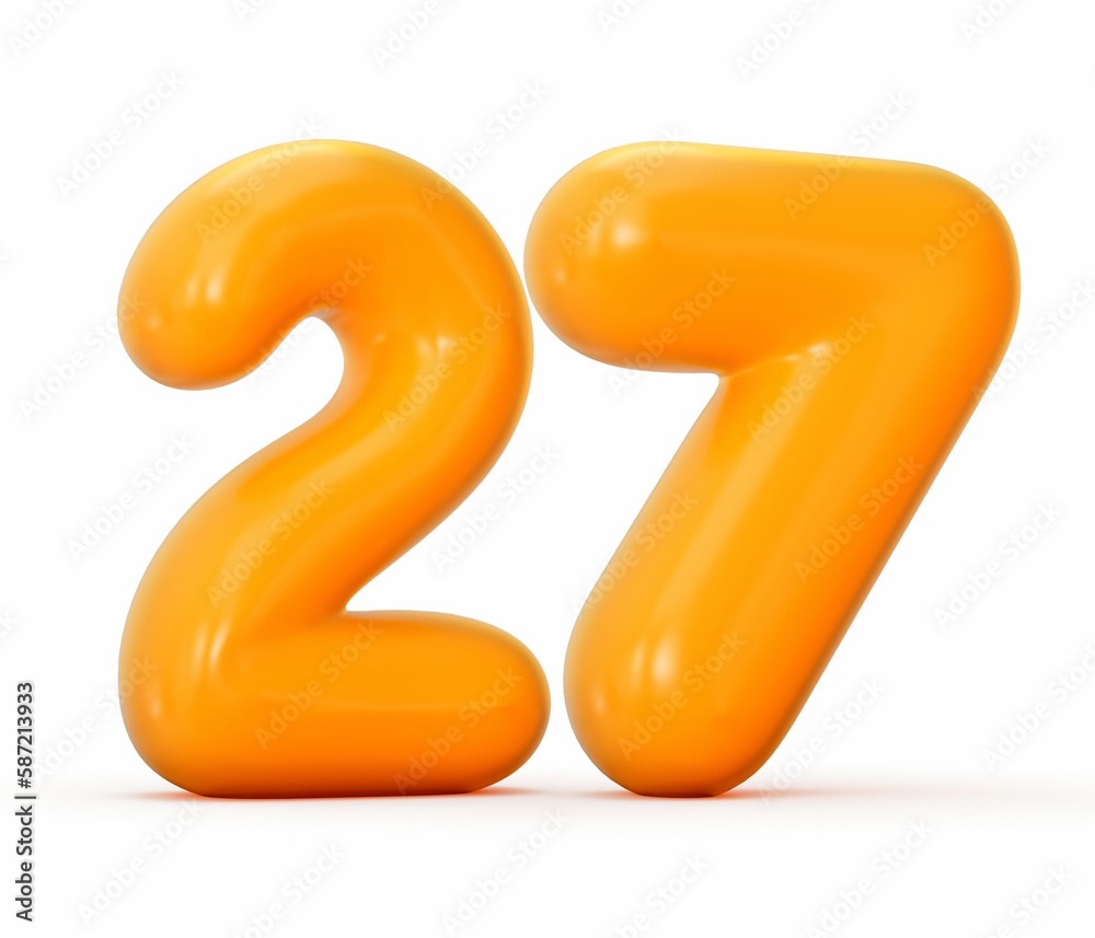 3D illustration of a Glossy orange jelly number 27 isolated on a white background 3D illustration of a Glossy orange jelly number 27 isolated on a white background