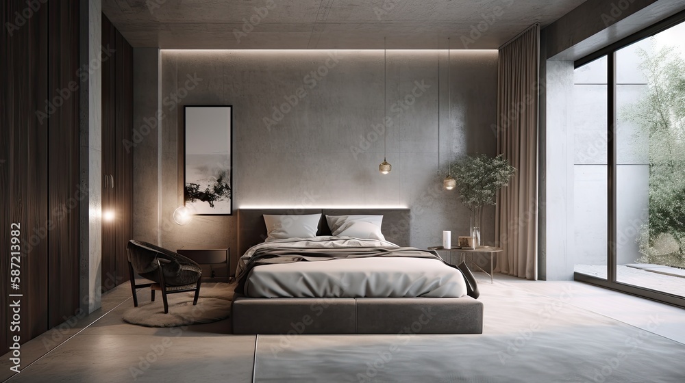 Modern bedroom interior with cement wall, minimalist style, Generative AI Modern bedroom interior with cement wall, minimalist style, Generative AI