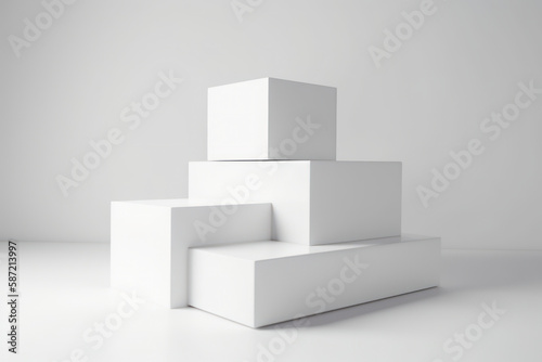 White square podium on white background. Showcase for cosmetic products, goods, shoes, bags, watches. Generative AI.