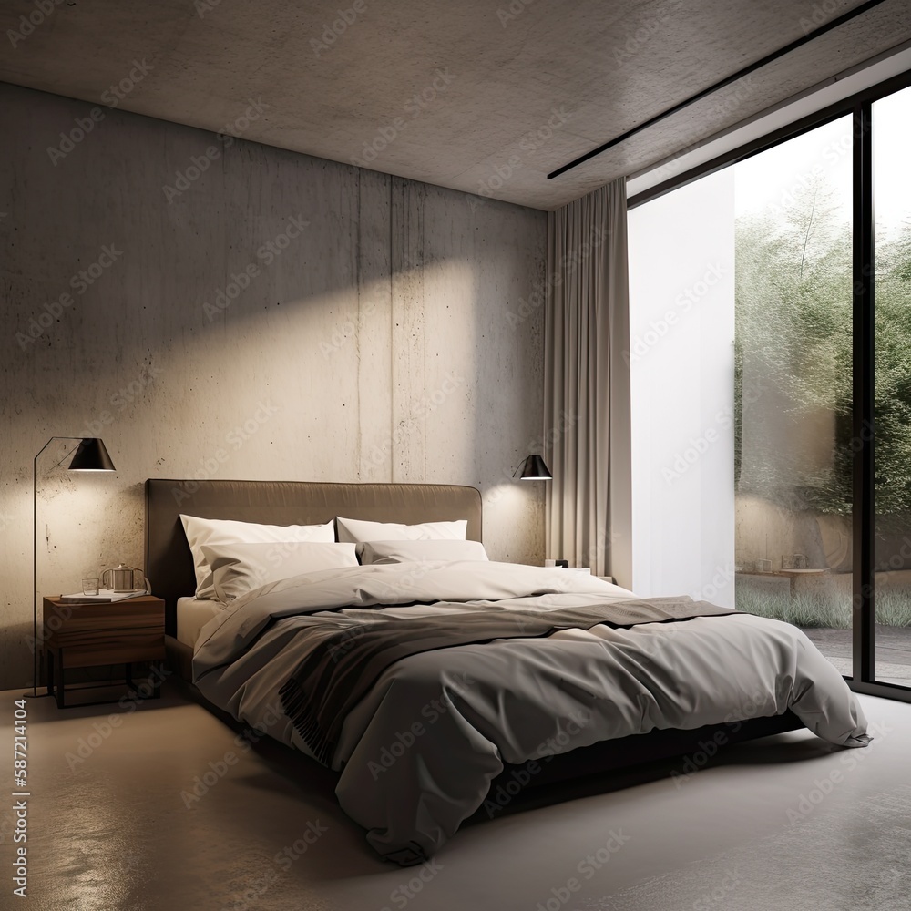 Fototapeta premium Modern bedroom interior with cement wall, minimalist style, Generative AI