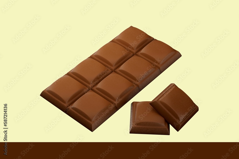 Obraz premium 3D rendering of a milk chocolate bar and cubes on a yellow background