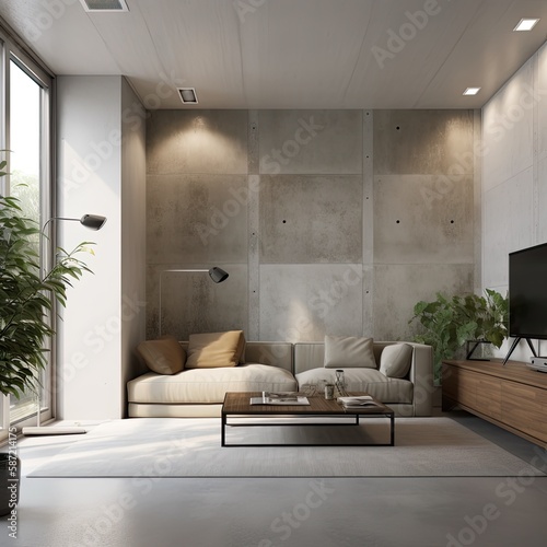 The interior of a modern living room designed with a minimalist style, natural elements, cement wall, Generative AI
