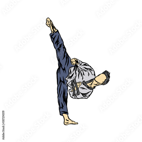 ilustration of taekwondoin doing high kick for taekwondo logo