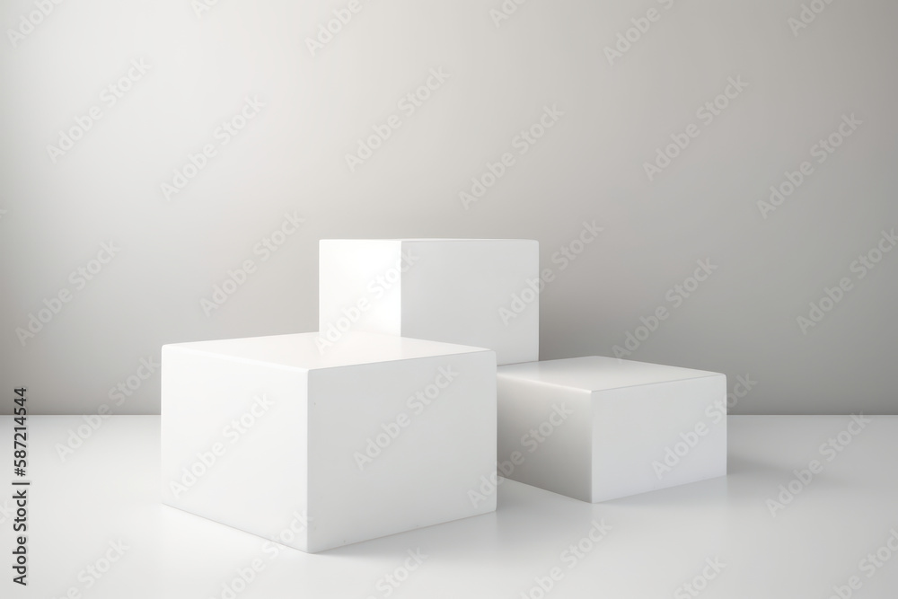 White square podium on white background. Showcase for cosmetic products, goods, shoes, bags, watches. Generative AI. White square podium on white background. Showcase for cosmetic products, goods, shoes, bags, watches. Generative AI.
